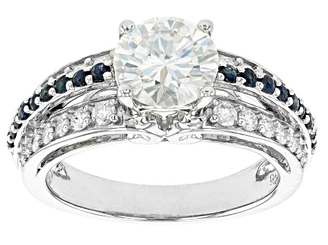 Moissanite And Blue Sapphire Platineve Ring 2.46ctw DEW
