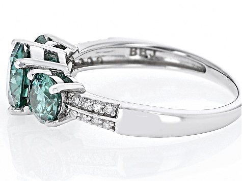 Green and Colorless Moissanite Platineve 3 Stone Ring 2.36ctw DEW
