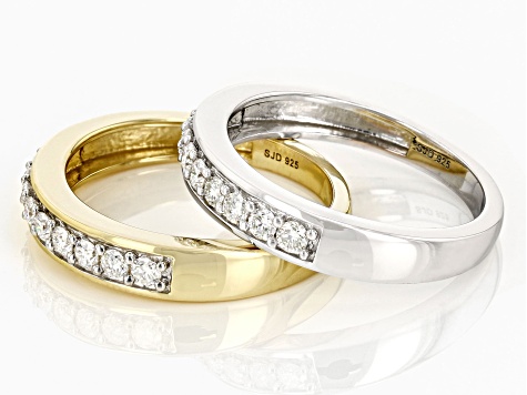 Moissanite platineve and 14k yellow gold over silver ring set of two bands .60ctw DEW