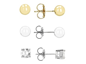 Moissanite platineve and 14k yellow gold over silver set of 3 pair stud earrings 1.20ctw DEW