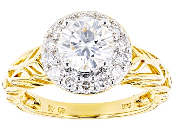 Picture of Moissanite 14k yellow gold over silver halo ring 1.62ctw DEW.