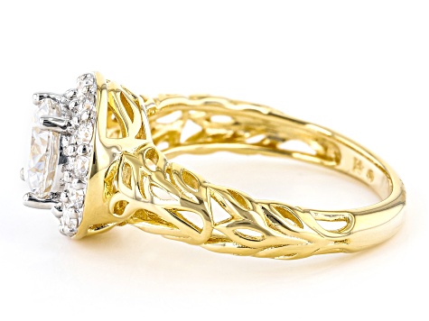 Moissanite 14k yellow gold over silver halo ring 1.62ctw DEW.