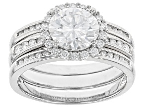 Moissanite Platineve Halo Ring With Guard 2.66ctw DEW.
