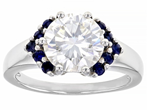 Moissanite And Blue Sapphire Platineve Ring 3.10ct DEW.