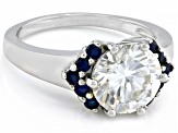 Moissanite And Blue Sapphire Platineve Ring 3.10ct DEW.