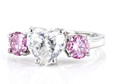 Colorless And Pink Moissanite Platineve Heart Ring 3.18ctw DEW.