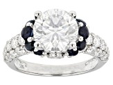 Moissanite And Blue Sapphire Platineve Ring 3.88ct DEW.