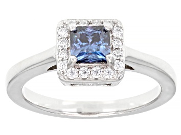 Picture of Blue and colorless moissanite platineve halo ring .90ctw DEW