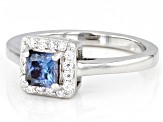 Blue and colorless moissanite platineve halo ring .90ctw DEW