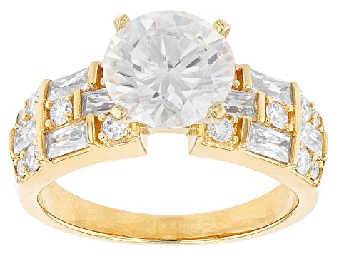 Moissanite 14k yellow gold over silver ring 3.80ctw DEW.