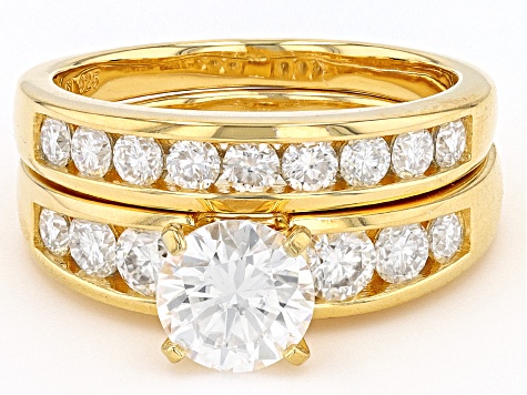 Moissanite 14k yellow gold over silver ring and band 2.38ctw DEW ...