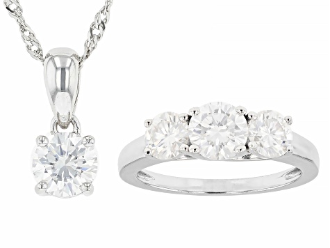 Moissanite Platineve Ring and Pendant Set 2.60ctw DEW.