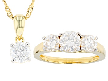 Picture of Moissanite 14k Yellow Gold Over Silver Ring and Pendant Set 2.60ctw DEW.