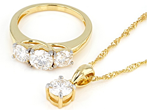 Moissanite 14k Yellow Gold Over Silver Ring and Pendant Set 2.60ctw DEW.