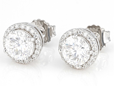 Moissanite Inferno Cut Platineve Halo Earring 2.98ctw DEW.