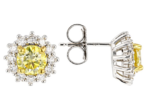 Yellow and colorless moissanite platineve halo earrings 2.32ctw DEW.