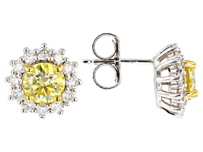 Yellow and colorless moissanite platineve halo earrings 2.32ctw DEW.