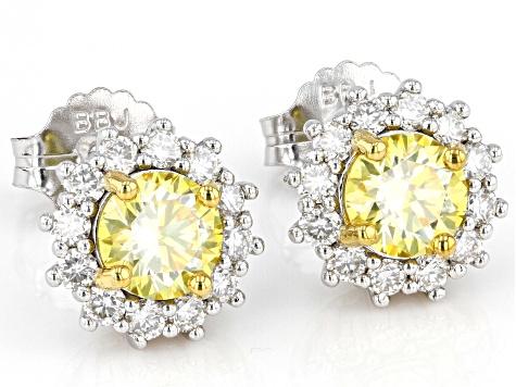 Yellow and colorless moissanite platineve halo earrings 2.32ctw DEW.