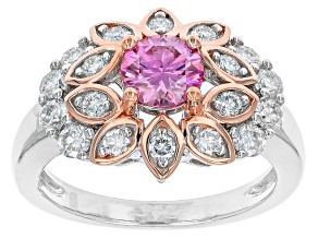 Pink and colorless moissanite platineve two tone ring 1.58ctw DEW.