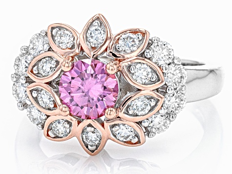 Pink and colorless moissanite platineve two tone ring 1.58ctw DEW.