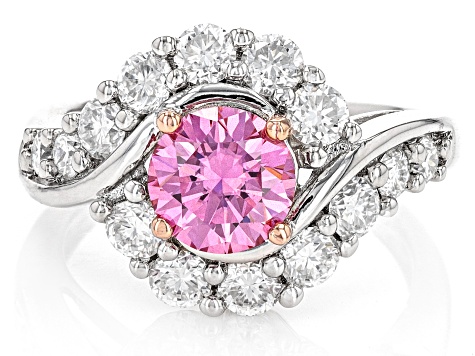 Pink and colorless moissanite platineve ring 2.44ctw DEW.