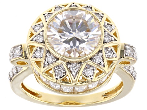 Moissanite 14k yellow gold over silver ring 4.54ctw DEW.