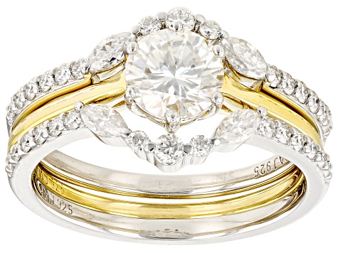 Moissanite Platineve and 14k yellow gold over silver ring with two bands 1.90ctw DEW