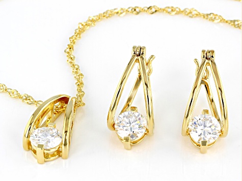 Moissanite 14k yellow gold over silver pendant and earring set 2.40ctw DEW.