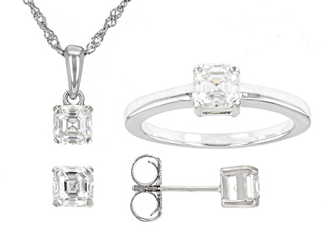 Moissanite Platineve Ring And Stud Earrings With Pendant Set 1.48ctw DEW
