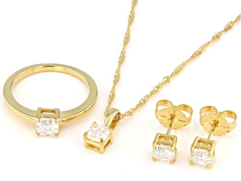 Moissanite 14k Yellow Gold Over Silver Ring, Stud Earrings, and Pendant with Chain Set 1.48ctw DEW