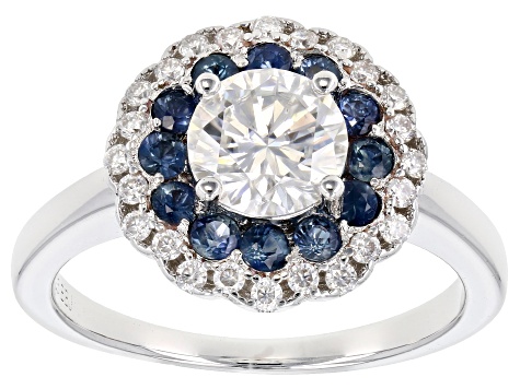 Moissanite And .54ctw Blue Sapphire Platineve Ring 1.24ctw D.E.W