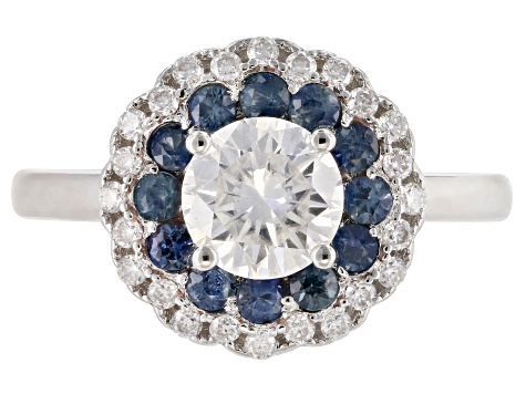 Moissanite And .54ctw Blue Sapphire Platineve Ring 1.24ctw D.E.W