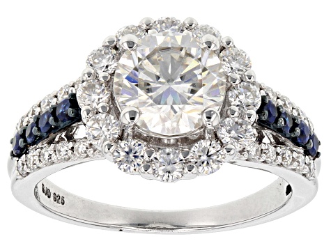 Moissanite And Blue Sapphire Platineve Ring 3.02ctw DEW