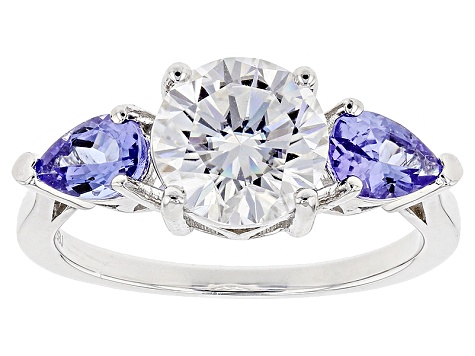 Moissanite Fire 1.90ct DEW Round And .78ctw Pear Shape Tanzanite Platineve Ring