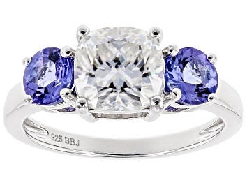Picture of Moissanite Fire® 2.00ct DEW Cushion Cut And 1.04ctw Round Tanzanite Platineve™ Ring