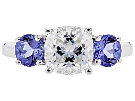 Moissanite Fire® 2.00ct DEW Cushion Cut And 1.04ctw Round Tanzanite