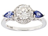 Moissanite Fire® 1.51ctw DEW And .52ctw Blue Sapphire Platineve™ Ring
