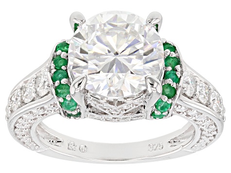 Moissanite and Emerald Platineve Ring 4.76ctw DEW