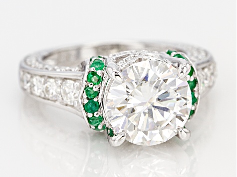 Moissanite and Emerald Platineve Ring 4.76ctw DEW