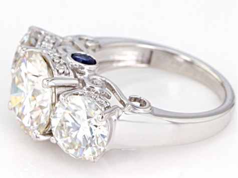 Moissanite And Blue Sapphire Platineve Ring 8.14ctw DEW.