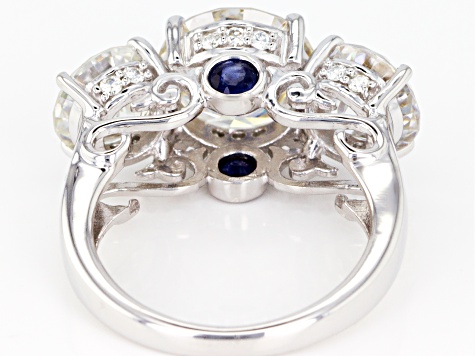 Moissanite And Blue Sapphire Platineve Ring 8.14ctw DEW.