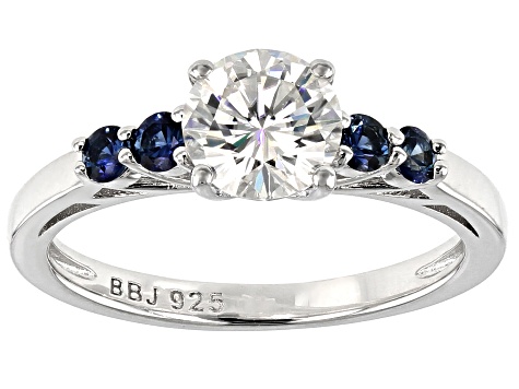 Moissanite And Blue Sapphire Platineve Ring 1.00ctw DEW.