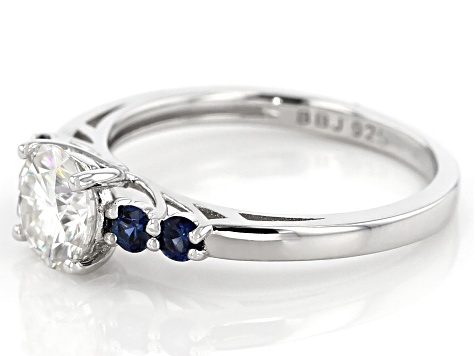 Moissanite And Blue Sapphire Platineve Ring 1.00ctw DEW.