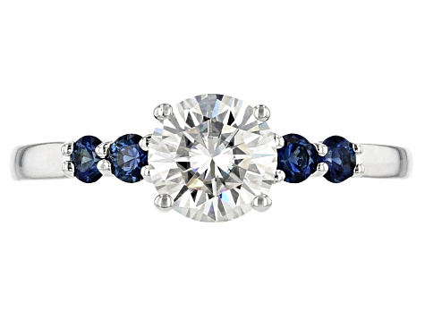 Moissanite And Blue Sapphire Platineve Ring 1.00ctw DEW.