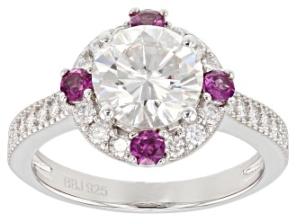 Moissanite And Grape Color Garnet Platineve Ring 2.28ctw DEW