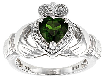 Picture of Green chrome diopside rhodium over silver claddagh ring 1.34ctw
