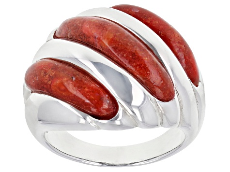 Red coral rhodium over sterling silver ring