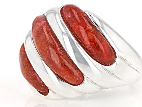 Red coral rhodium over sterling silver ring