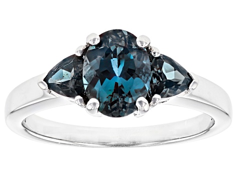 Blue Lab Created Alexandrite Rhodium Over Silver 3-Stone Ring 1.71ctw