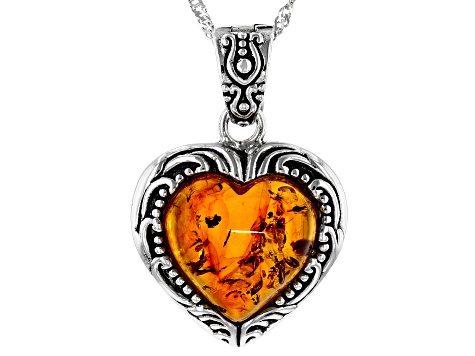 Orange amber rhodium over sterling silver enhancer with chain